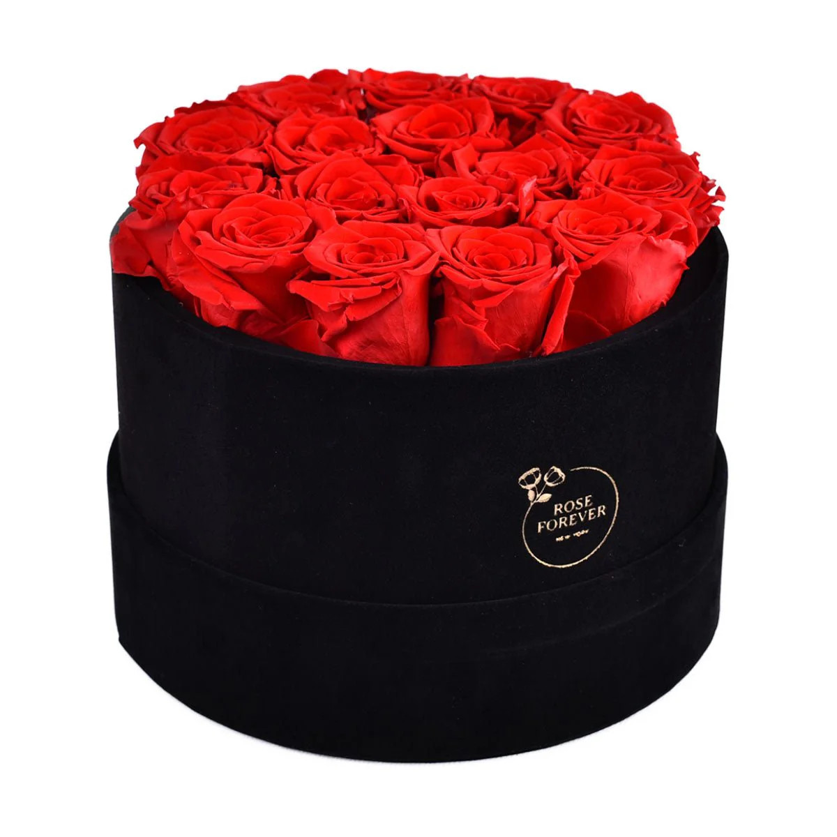 16 Red Roses - Black Round Velvet Box | Rose Forever 