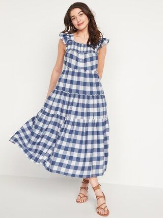 Flutter-Sleeve Tiered Smocked Gingham Midi Swing Dress for Women | Old Navy (US)