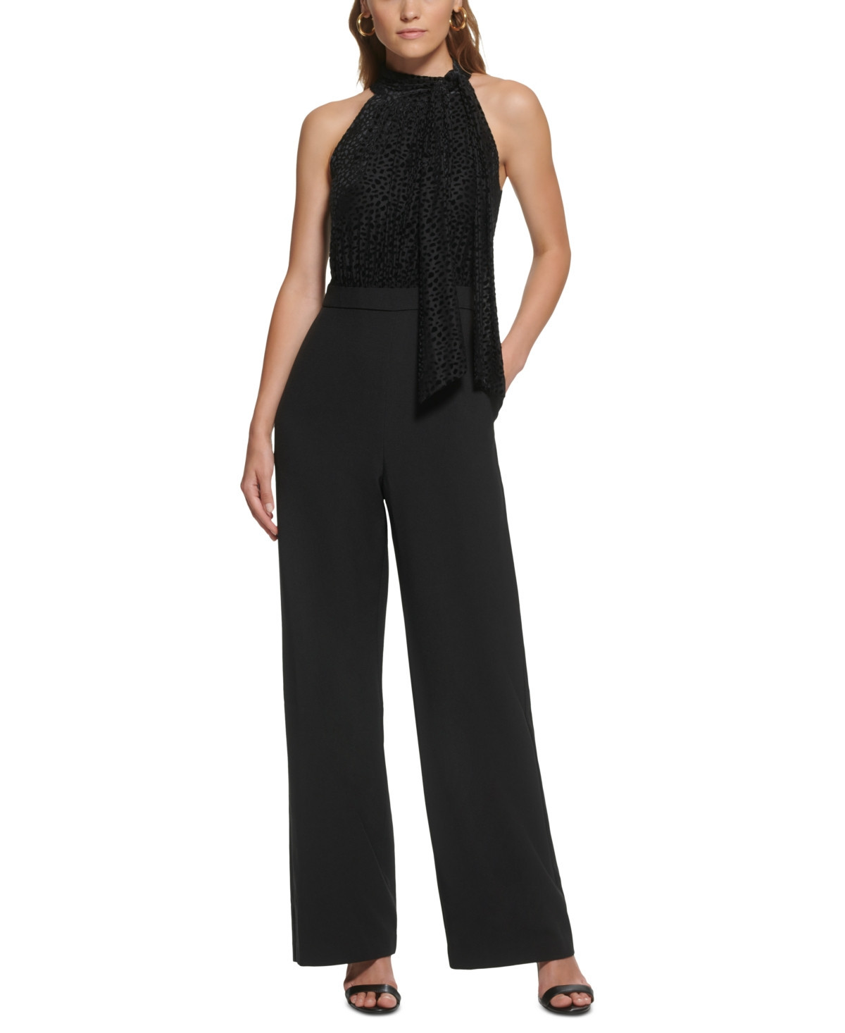 Vince Camuto Petite Mixed-Media Tie-Neck Halter Jumpsuit | Macys (US)