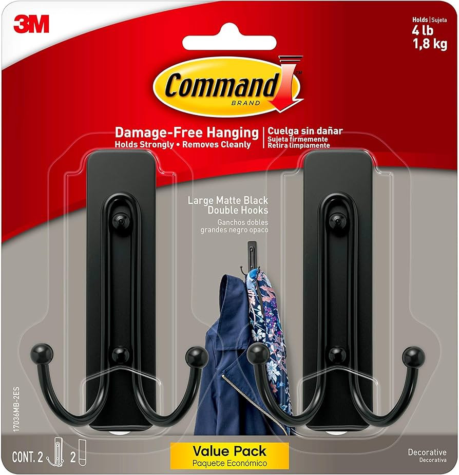 Command Large Matte Black Double Hooks, 2 Hooks and 2 Command Strips, Damage Free Hanging Wall Ho... | Amazon (US)