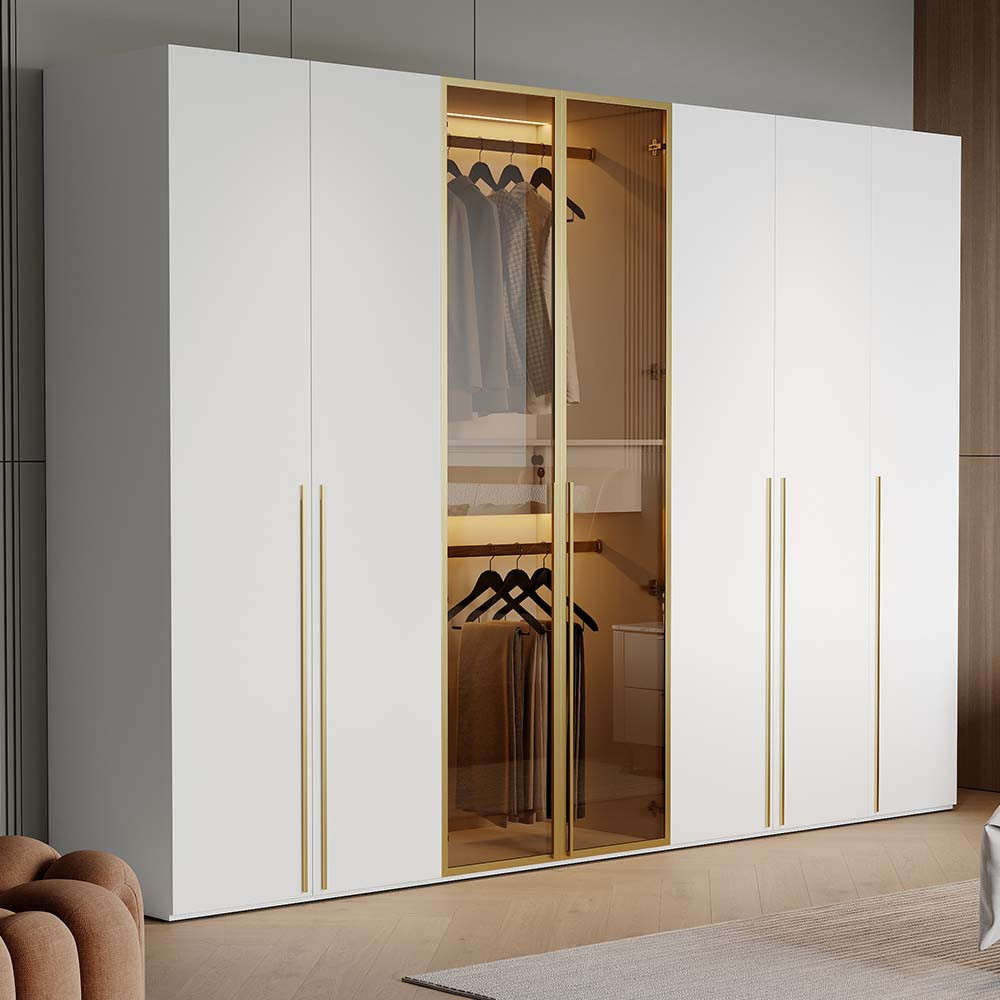 White & Gold Modern Extra Wide Wardrobe with Clear Glass Door Storage with Sensor Light | Homary