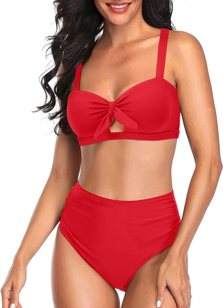 Tempt Me Women Two Piece Vintage Swimsuits High Waisted Bikini Set Tummy Control Ruched Tie Knot ... | Amazon (US)
