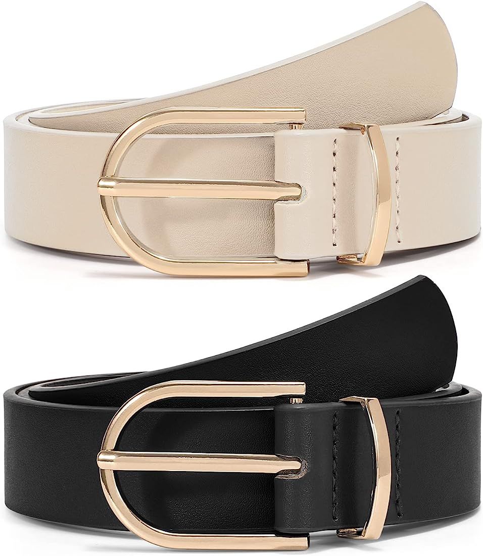 VONMELLI 2 Pack Women's Leather Belts for Jeans Pants Fashion Gold Buckle Ladies Dress Belt | Amazon (US)