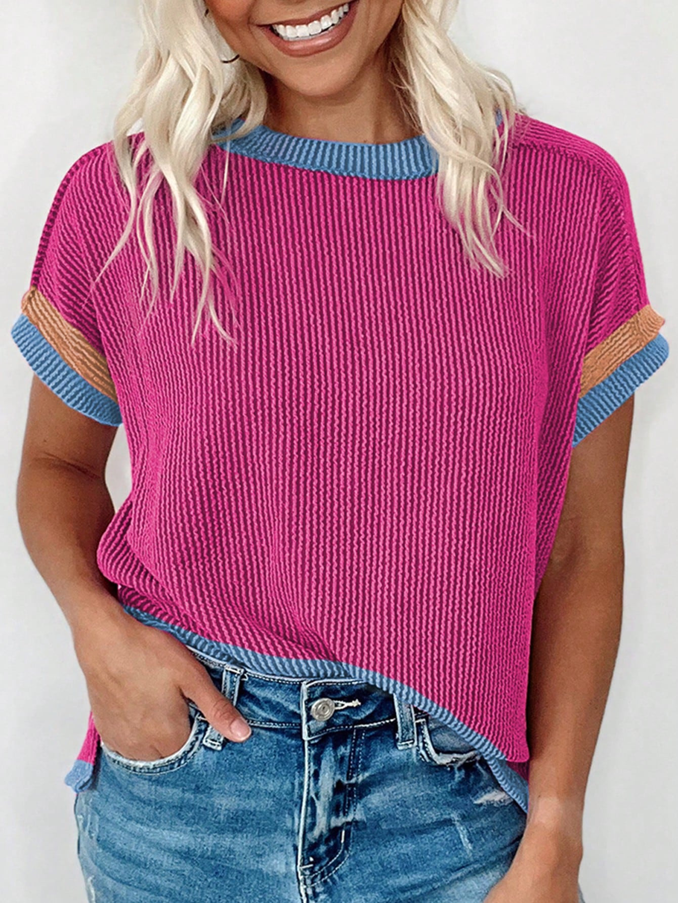 SHEIN LUNE Women Casual Round Neck Short Sleeve Striped Contrast Color Loose Comfortable T-Shirt | SHEIN