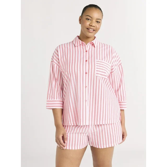 Joyspun Women’s Woven ¾ Sleeve Notch Collar Top and Boxer Shorts Pajama Set, Sizes XS-3X | Walmart (US)