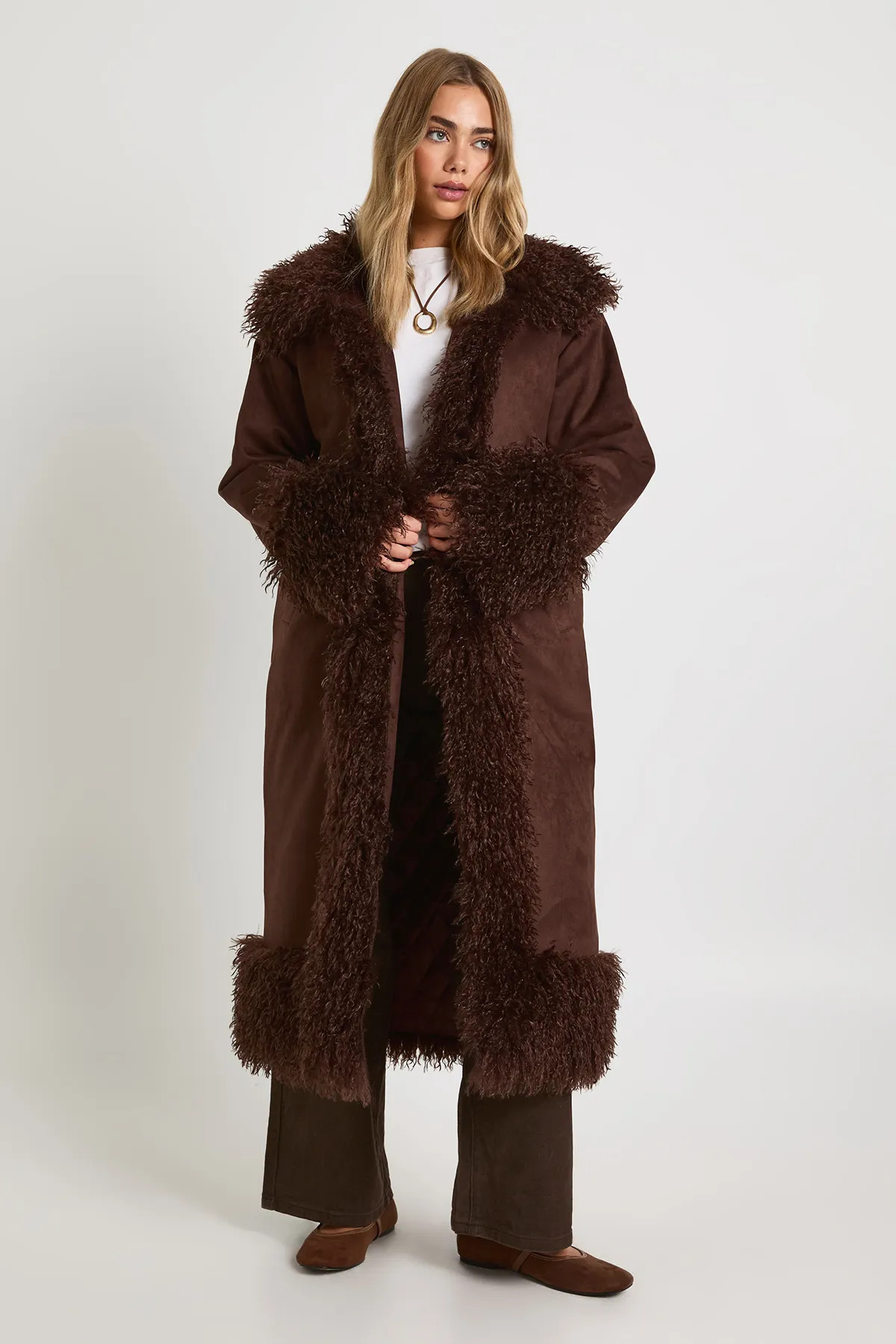 Faux Fur Trim Faux Suede Maxi Coat | boohoo (US & Canada)