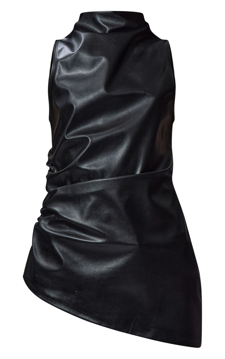 Black Faux Leather Ruched Side Asymmetric Hem Long Top | PrettyLittleThing US