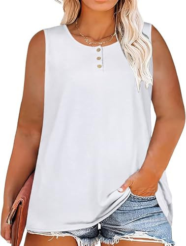 Womens Plus Size Tops Summer Sleeveless Loose Fit Button Down Tanks Top Blouse Shirts (B Pure White, 4XL) | Amazon (US)