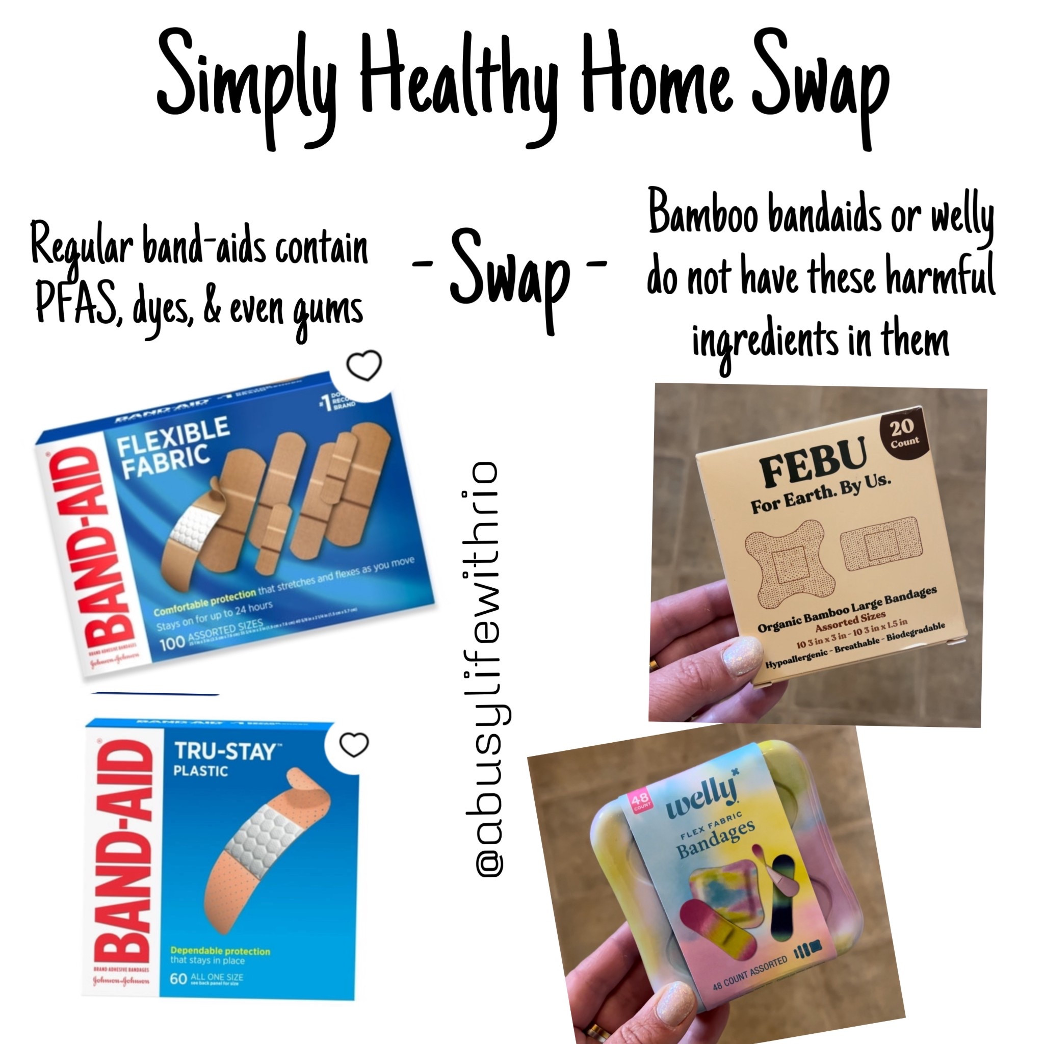 Next time you run out of band-aids, consider switching to a healthier option that doesn’t contain PFAS & other harmful chemicals. Remember, you are putting bandaids on an open cut, which then is going straight into the blood stream. 
Ive put the brands we use below but make sure to educate yourself on this also & research “PFAS free bandaids” or “does band-aid have PFAS in them”.


#bandaids #PFASfree #healthykids #healthyswaps #organicswaps #householdswaps #firstaidkit #kidswellness #ltkswim 

#LTKHome #LTKFindsUnder50 #LTKKids