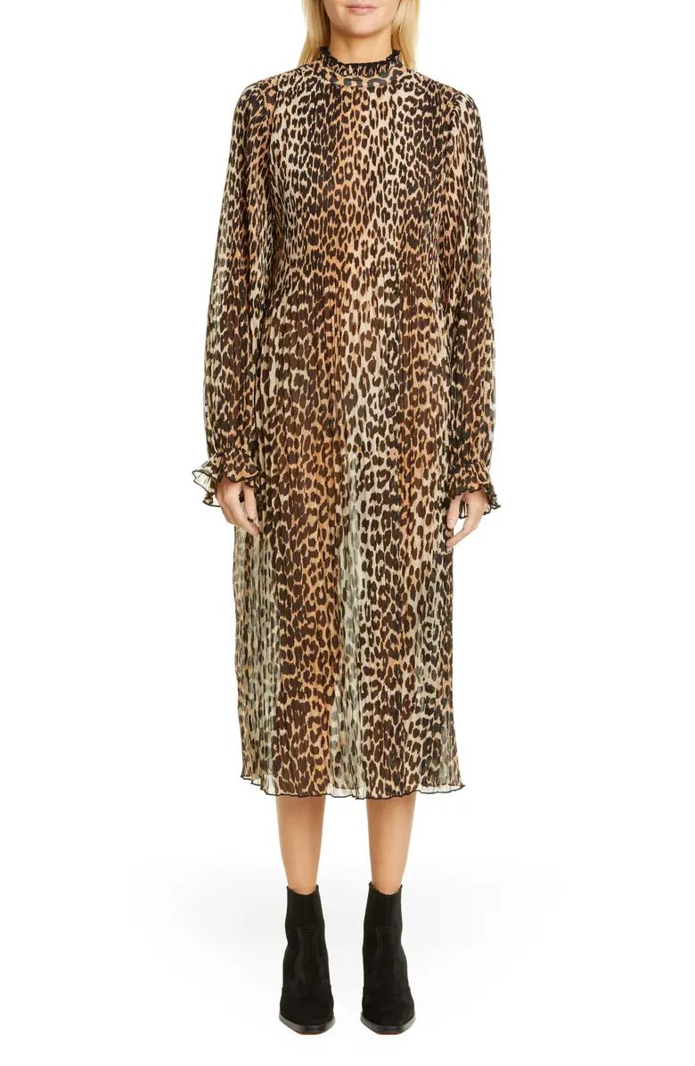 Leopard Print Sheer Georgette Long Sleeve Midi Dress | Nordstrom