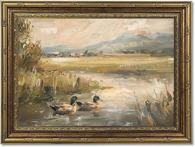 Gold Framed Vintage Ducks Canvas Wall Art, Country Pond Landscape Painting Picture Wall Decor, Fa... | Amazon (US)