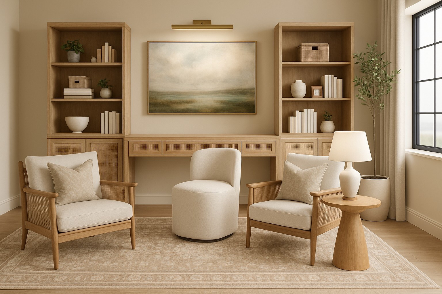 Home office, neutral home, neutral home decor, neutral rug, office, desk, shelves, office shelves, office inspo

#LTKWorkwear #LTKFamily #LTKHome