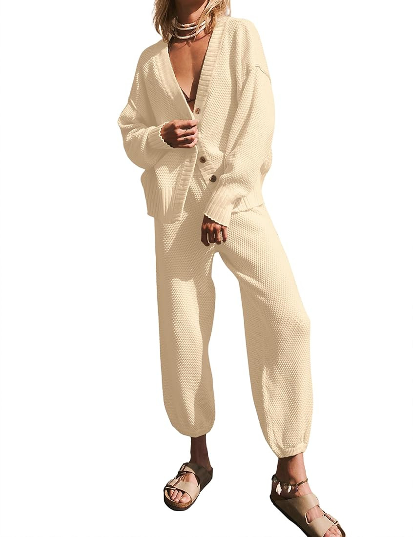 SAFRISIOR Women’s Two Piece Outfits Sweater Sets Knit Cardigan Top and Loose Fit Wide Leg Pants... | Amazon (US)