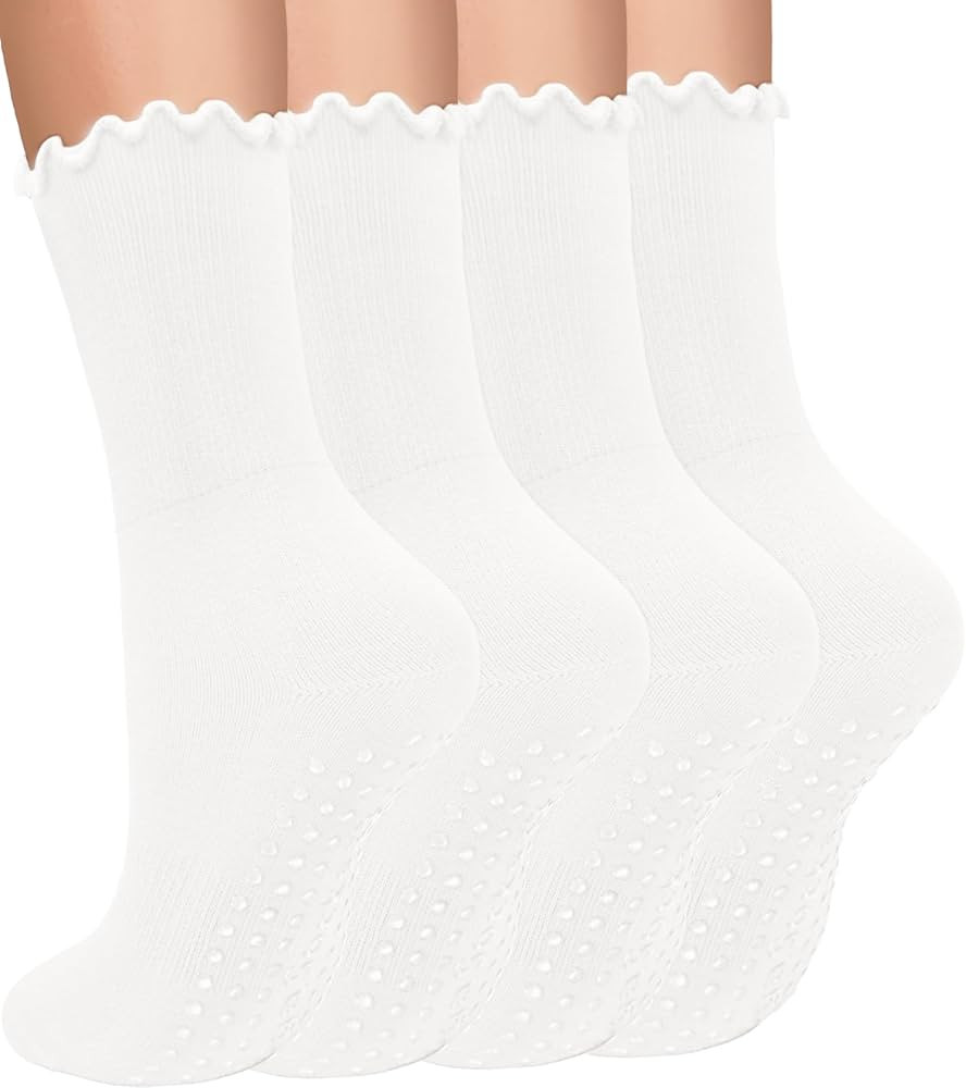 yeuG 4 Pairs Non Slip Pilates Socks with Grips for Women, Crew Grip Socks for Yoga, Barre, Hospit... | Amazon (US)