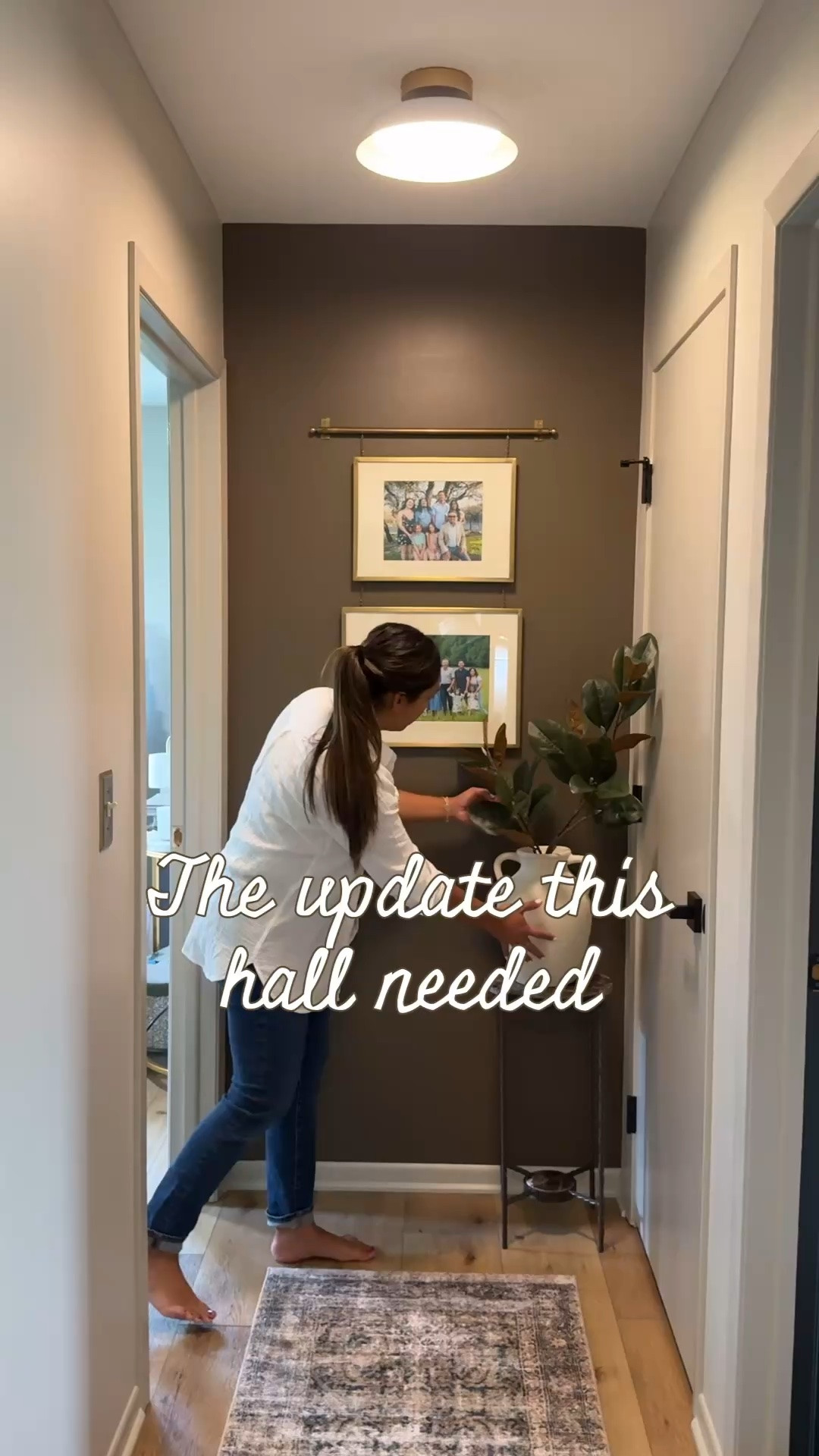 This hallway just needed a little color and a little bit of life… and I absolutely LOVE how it turned out! 🤎

I used the most beautiful Sherwin-Williams color to completely transform this space, then added a cute Emperador marble table, a textured vase for a little contrast, and of course, my favorite magnolia leaves. 🌿

This stunning frame also deserved its own space to shine! ✨

What I love most is that this hallway has become such a warm, intimate space to showcase our family photos. Sometimes, it’s those little forgotten spaces in your home that just need a little personality. 🤍

And honestly? I can’t stop looking at it! 😍
#hallway #halldecor #foyer #hall

#LTKHome