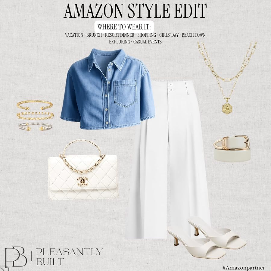 Effortlessly chic 🤍 A classic pair of white trousers styled with a cropped denim shirt, easy slides, and a few simple accessories for a polished everyday look. Perfect for lunch dates, shopping, travel, or a casual summer day! 
#AmazonFashion #AmazonFinds #AmazonFashionFinds #WomensFashion #SummerStyle #SummerOutfit #WhitePants #WhiteTrousers #DenimShirt #CroppedDenim #DenimStyle #Slides #SummerAccessories #CasualChic #EverydayStyle #AffordableFashion #AmazonStyle #FashionFinds #OutfitInspiration #StyleInspo #EasyStyle #SummerWardrobe #LTKFinds #LTKFashion #ShopAmazon #pleasantlybuilt 

 #LTKootd #LTKWorkwear #LTKTravel