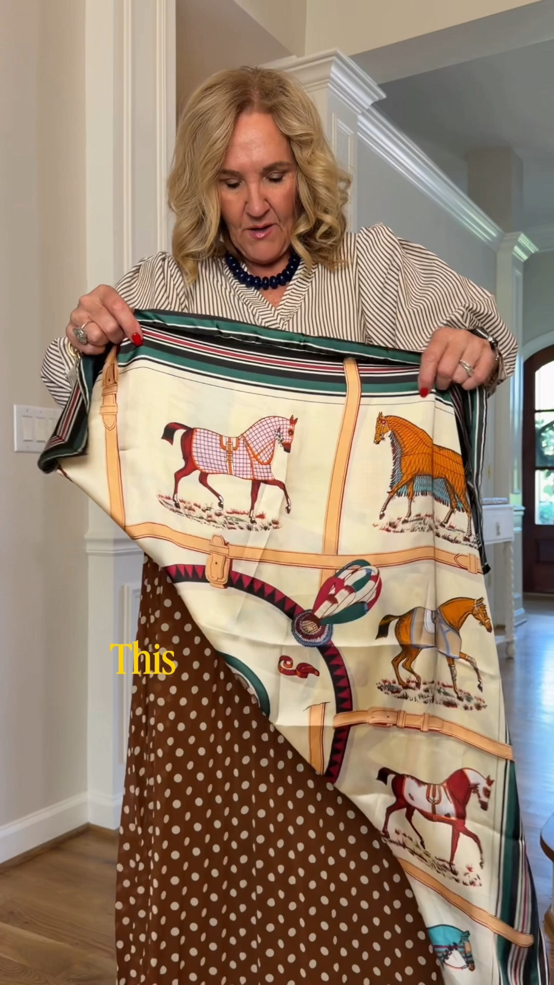 Two ways to tie a scarf.

Here’s the info on the outfits
Striped blouse size medium
Polkadot skirt size medium

Cashmere sweater medium
Long sleeve white T-shirt, large
Premium denim in the very baggy barrel fit size 29

#LTKOver40 #LTKgrwm #LTKMidsize