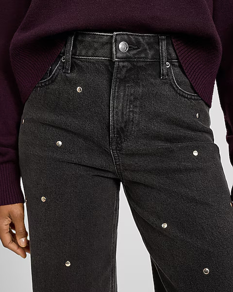 High Waisted Black Wash Silver Studded Relaxed Straight Jeans | Express