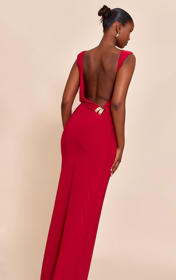 Red Double Layer Slinky Low Back Trim Detail Maxi Dress | PrettyLittleThing US