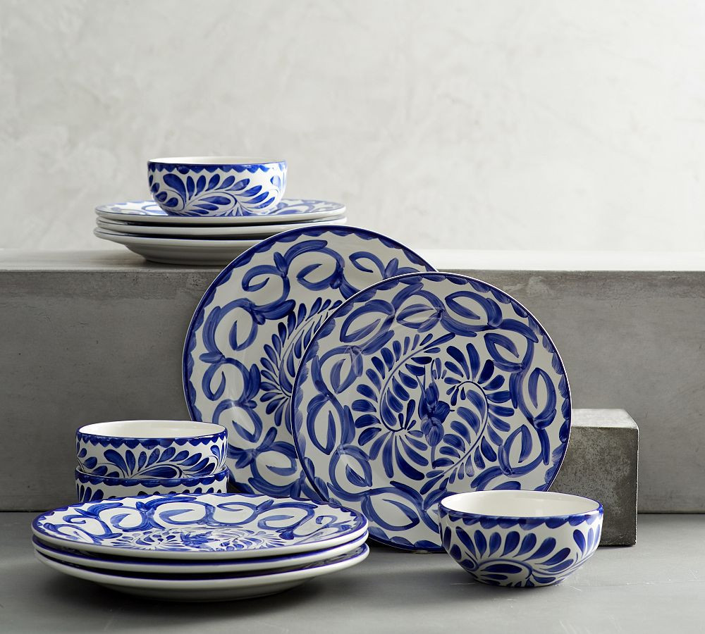 Puebla Porcelain 12-Piece Dinnerware Set, Blue | Pottery Barn (US)