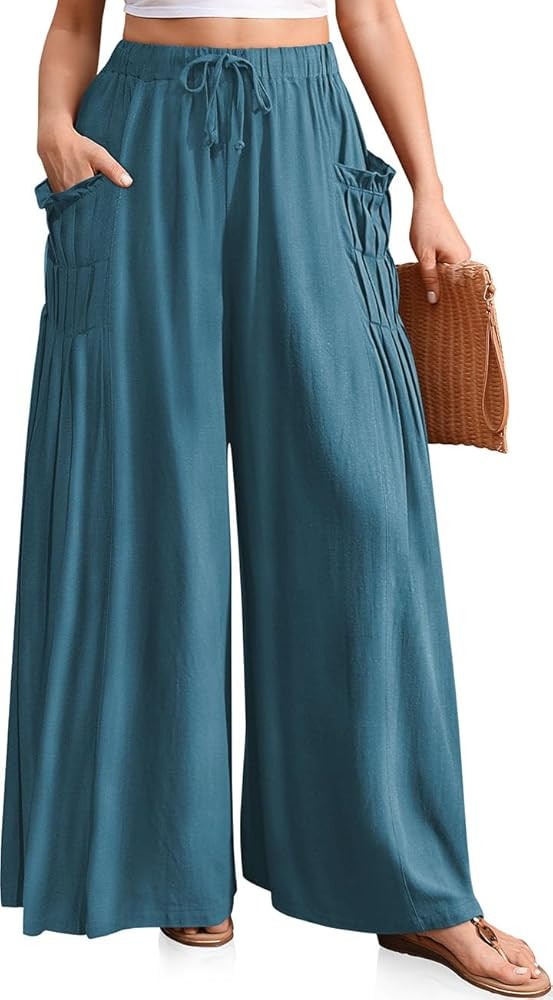 TARSE Women Linen Palazzo Pants Summer Wide Leg Boho Drawstring Casual Lounge Pant Beach Travel V... | Amazon (US)