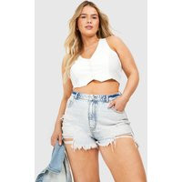 Womens Plus Distressed Denim Mom Short - Blue - 24 | boohoo (US & Canada)