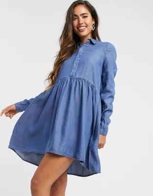 Vero Moda denim smock shirt dress in blue | ASOS (Global)