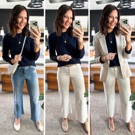 Spring Capsule Wardrobe (Navy Sweater Styling) 

Sweater (size up, I’m in a medium) 
Light wash jeans (26 long) 
Ivory jeans (size up one or two sizes. I’m in a 4) 
Blazer (small) 


#LTKfindsunder100 #LTKstyletip #LTKfindsunder50