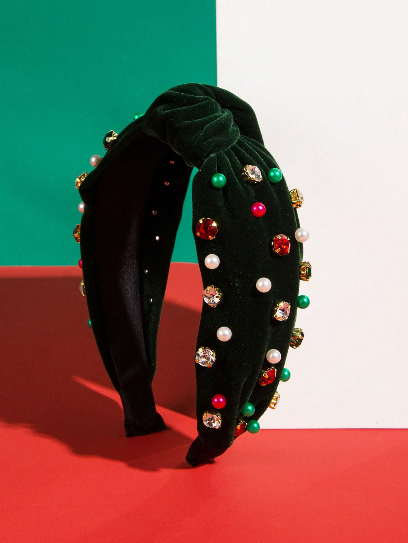 1pc Red Green Christmas Element Headband Creative Braided Hairband With Rhinestone Pearl Simple H... | SHEIN