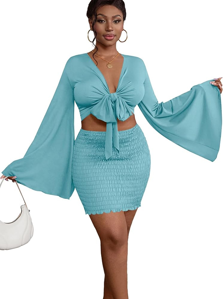 LYANER Women 2 Piece Vacation Outfits Tie Knot Front Bell Long Sleeve Crop Top and Mini Skirt Sum... | Amazon (US)