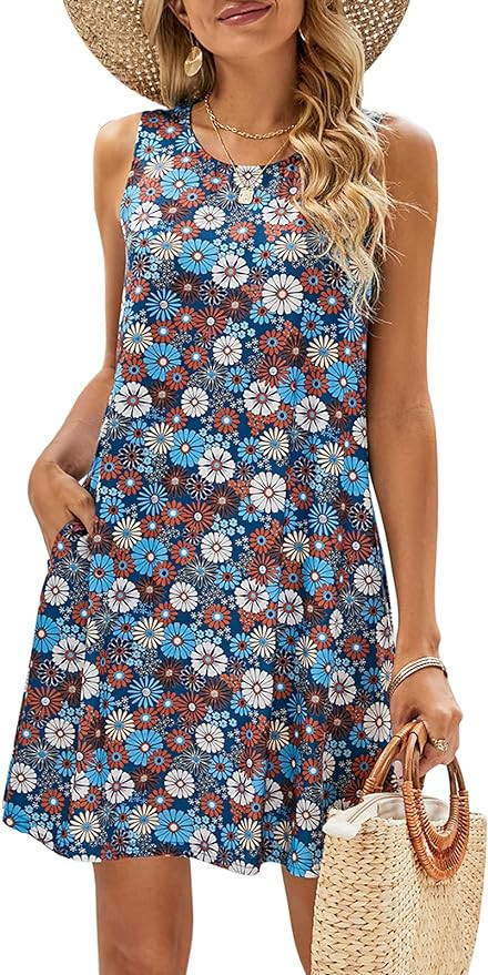 SimpleFun Summer Dresses for Women Beach Floral Tshirt Sundress Casual Pockets Boho Tank Dress | Amazon (US)