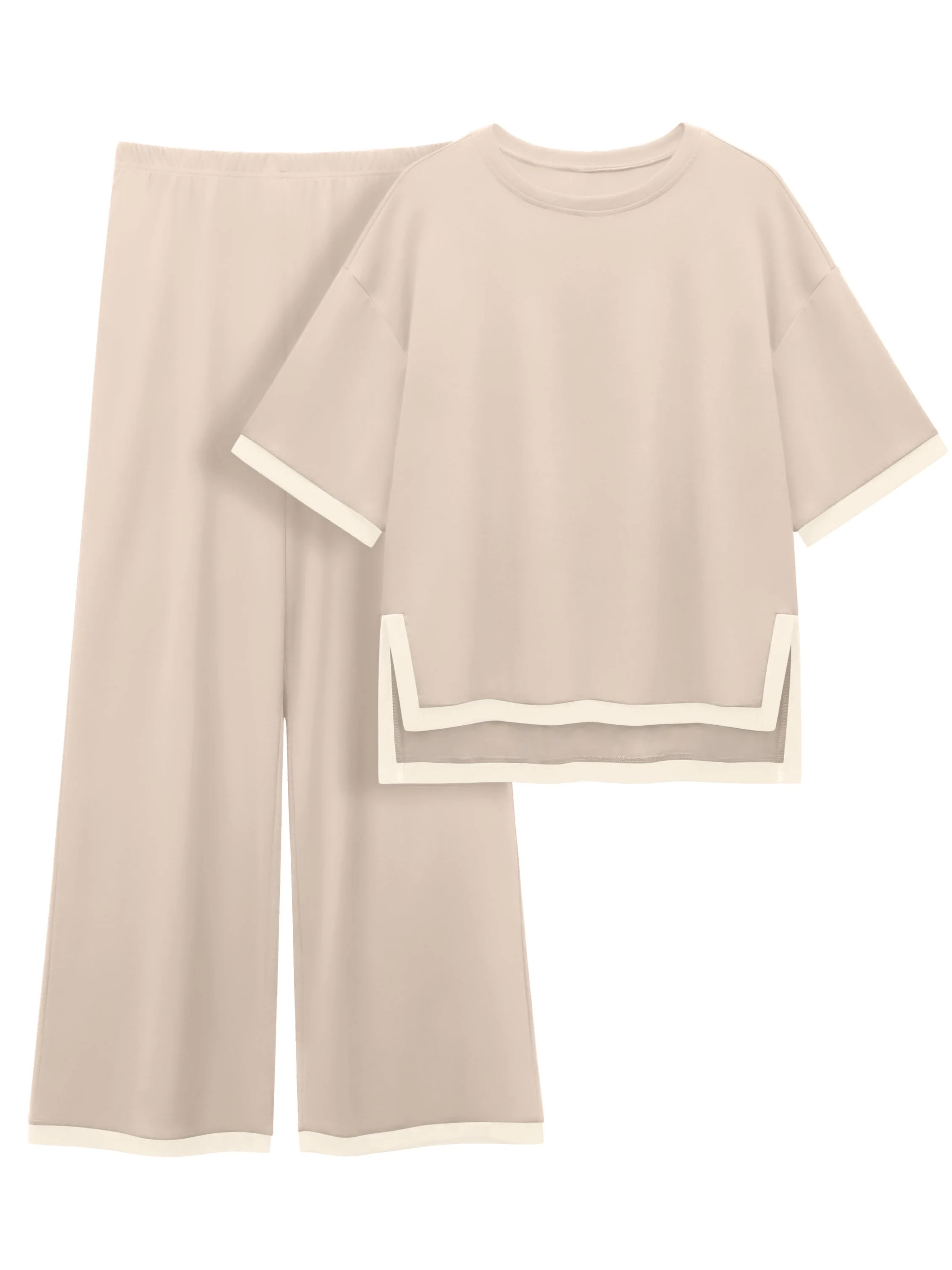 MINTREUS Women's Cotton 2-Piece Loungewear Short-Sleeve Round-Neck Pullover Top Wide-Leg Pants Women's PJ Casual Set S-4X - Walmart.com | Walmart (US)