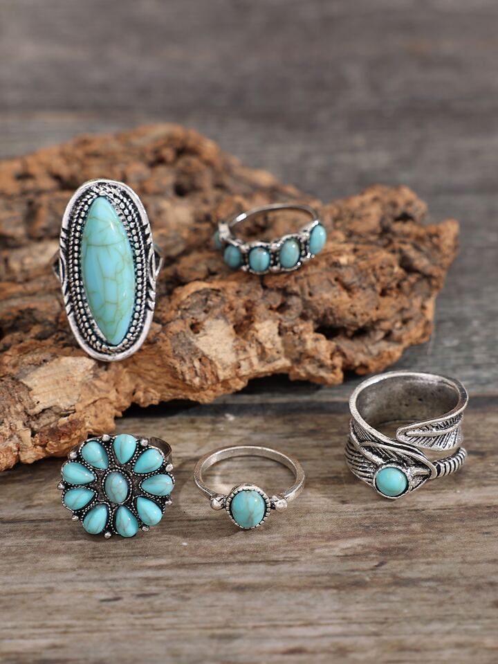 5pcs Vintage & Fashionable & Exquisite Bohemian Style Leaf, Flower, Geometric & Turquoise Ring Se... | SHEIN