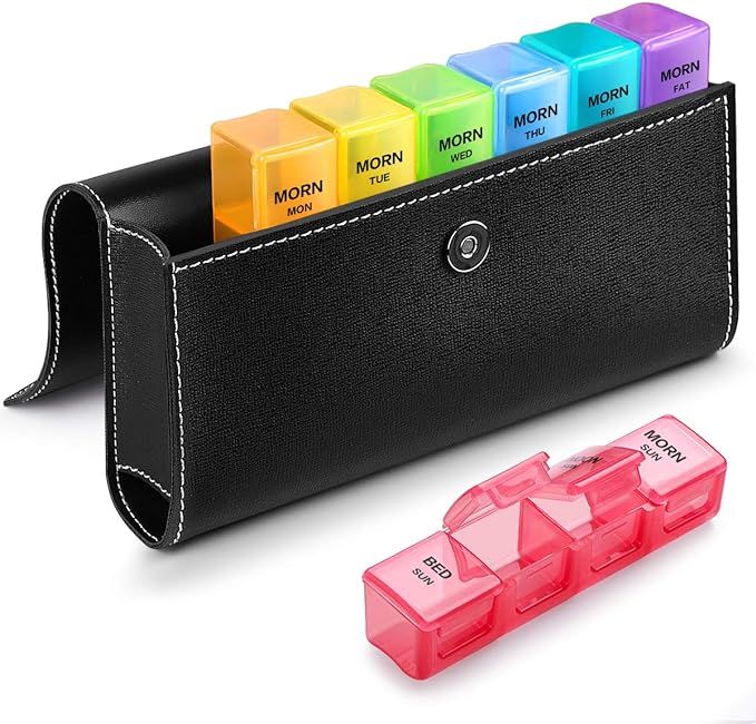 Pill Organizer 4 Times a Day with PU Leather Case, Sukuos Large 7 Day Pill Case (Morning Noon Eve... | Amazon (US)