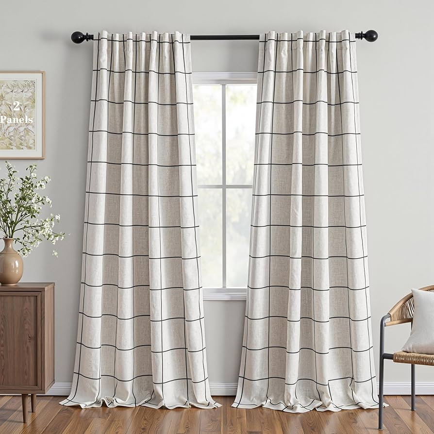 MYSKY HOME 100% Blackout Plaid Farmhouse Linen Curtains 102 Inch Long for Living Room Double Laye... | Amazon (US)