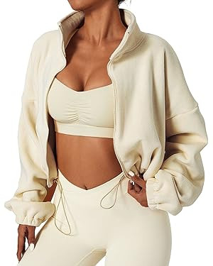 QINSEN Women's Full Zip Fleece Short Jacket Warm Winter Long Sleeve Stand Collar Sherpa Crop Coat | Amazon (US)