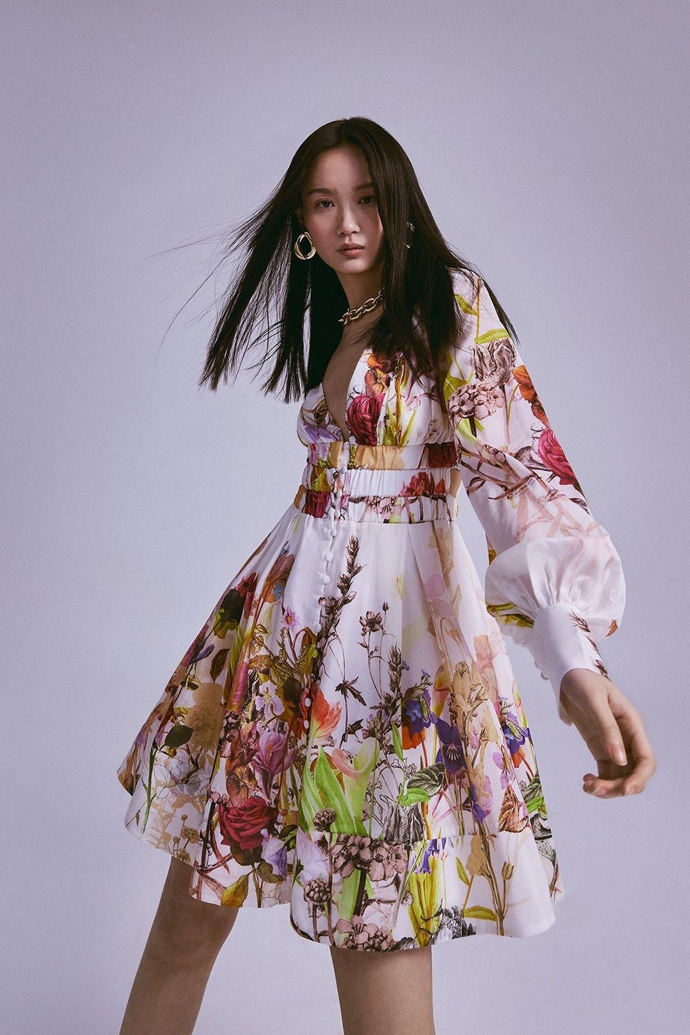 Wild Rose Garden Border Silk Cotton Mini Dress | Karen Millen UK & IE