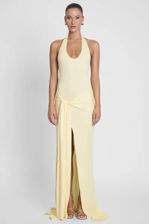 LEAU Heaven Halter Jersey Knot Maxi Dress in Butter Yellow at Nordstrom, Size Large | Nordstrom