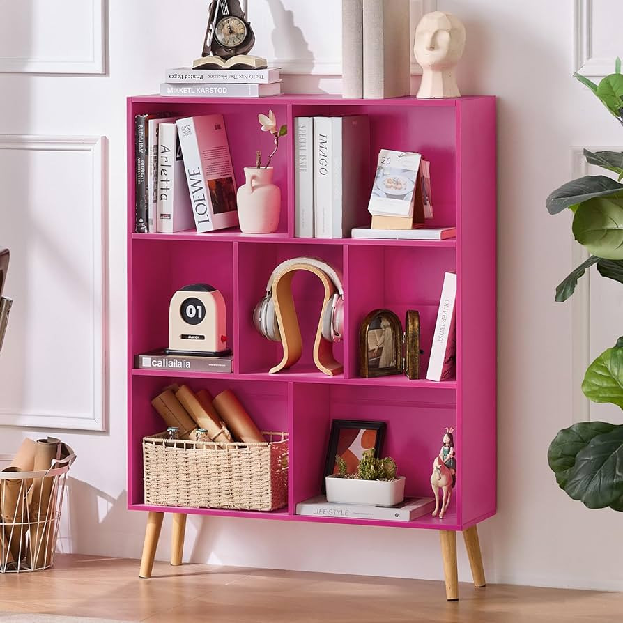 LEYAOYAO 7 Cube Bookshelf,3 Tier Book Shelf with Legs,Pink Modern Bookshelf,Large Freestanding Op... | Amazon (US)