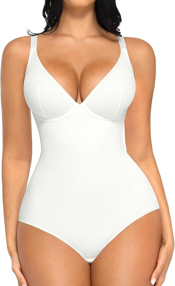 FeelinGirl Bodysuits for Women Tummy Control Shapewear Bodysuit Deep V Neck Body Shaper Tops | Amazon (US)
