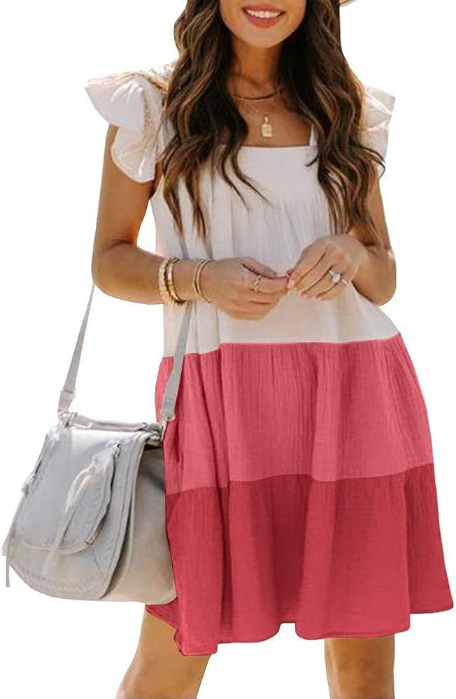 PAODIKUAI Women's Summer Dresses Color Block Square Neck Dress Babydoll Mini Dress | Amazon (US)