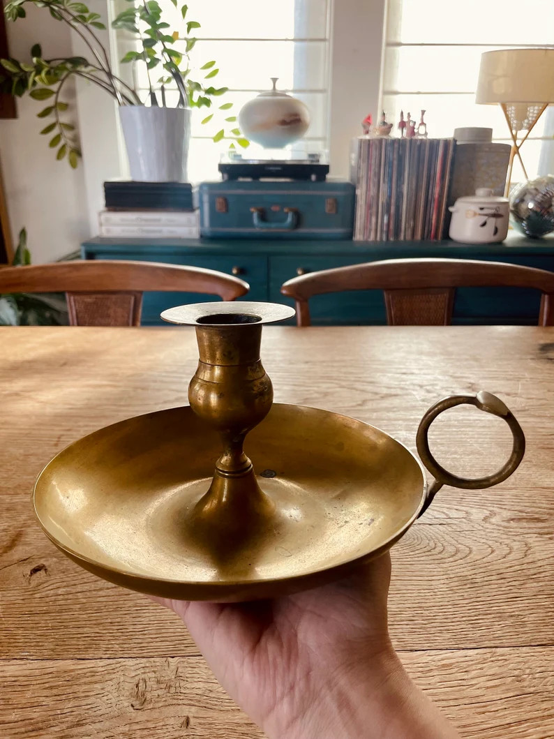 SALE EXTENDED Antique Brass Chamberstick Candlestick Holder - Etsy | Etsy (US)