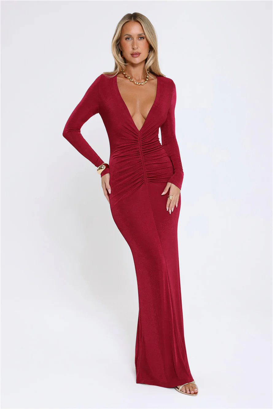 Stare Worthy Long Sleeve Maxi Dress Berry | Hello Molly (US)