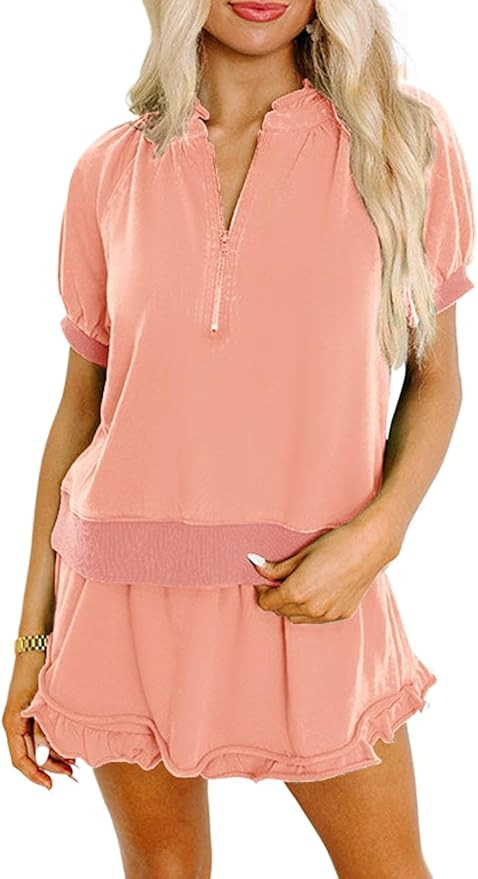 KevaMolly Women's 2 Piece Lounge Sets Casual Short Sleeve Outfits Half Zip Puff Sleeve Top and Ru... | Amazon (US)