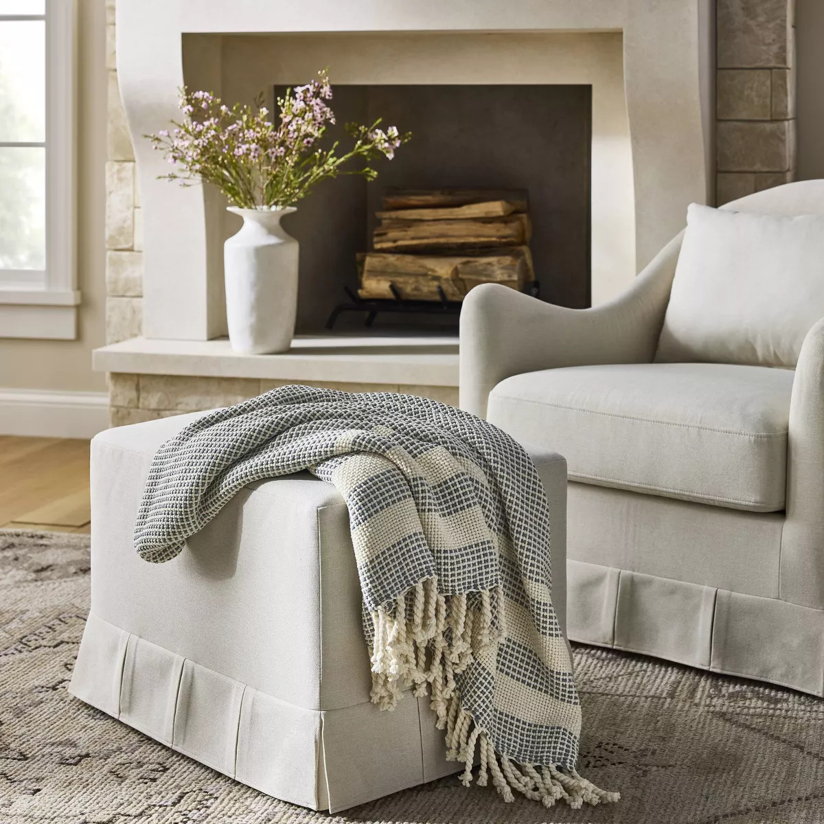 50"x60" Throw Border Stripe Woven Medium Blue and Cream - Threshold™ designed with Studio McGee | Target