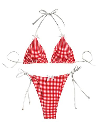 BEAUDRM Women's 2 Piece Gingham Print Bow Front Bikini Halter Tie Bikini Set Triangle Set Beachwe... | Amazon (US)