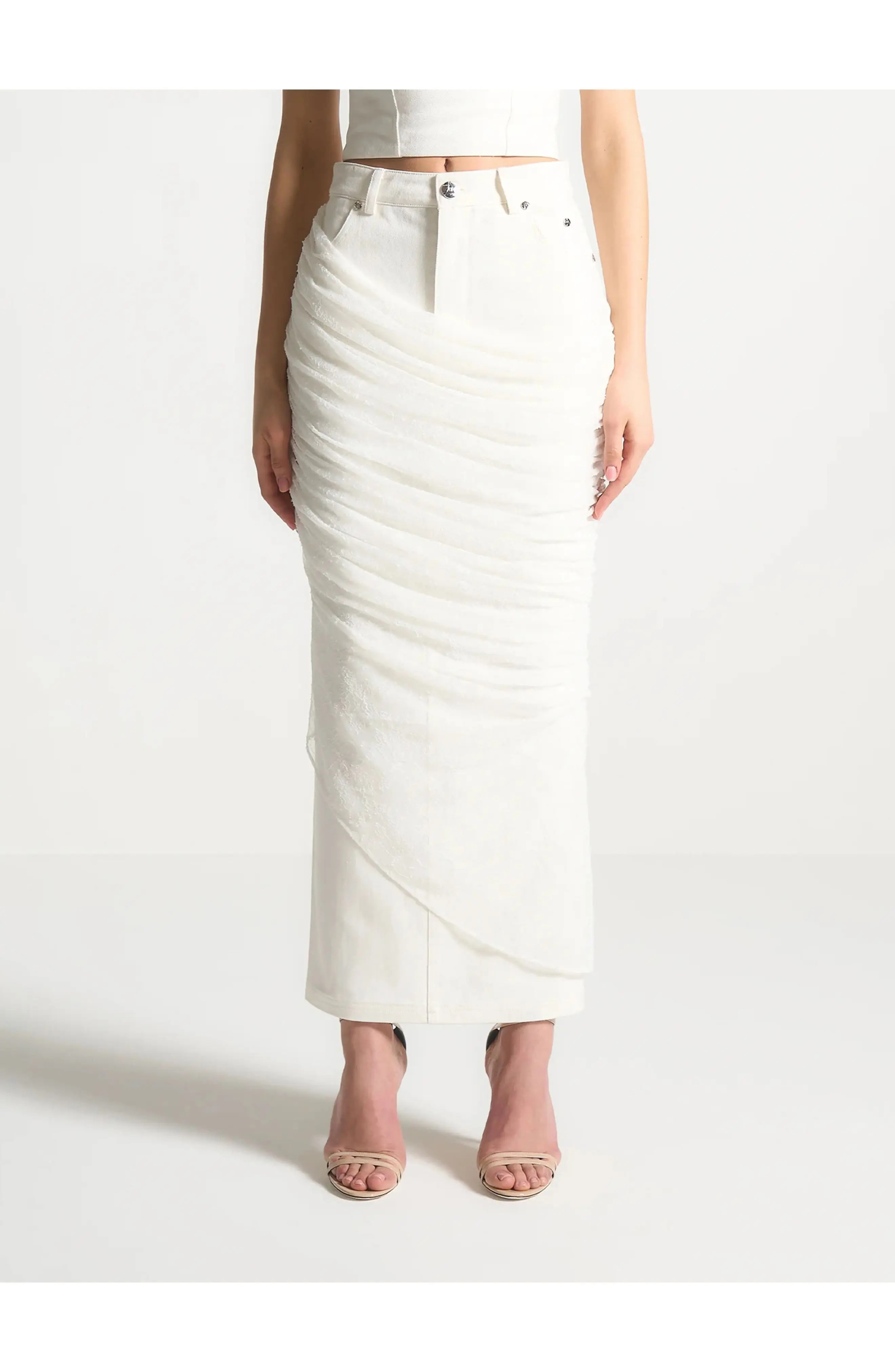 Mani\u00e8re De Voir Draped Mesh Denim Maxi Skirt (Women) | Nordstrom | Nordstrom