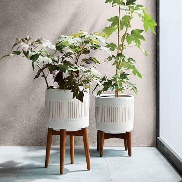Mid-Century Turned Wood Leg Planters - White + Gold | West Elm (US)