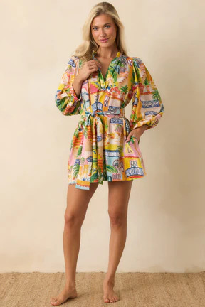 Paradisa Conch Key Multi Coastal Village Print Cotton Mini Dress | Red Dress
