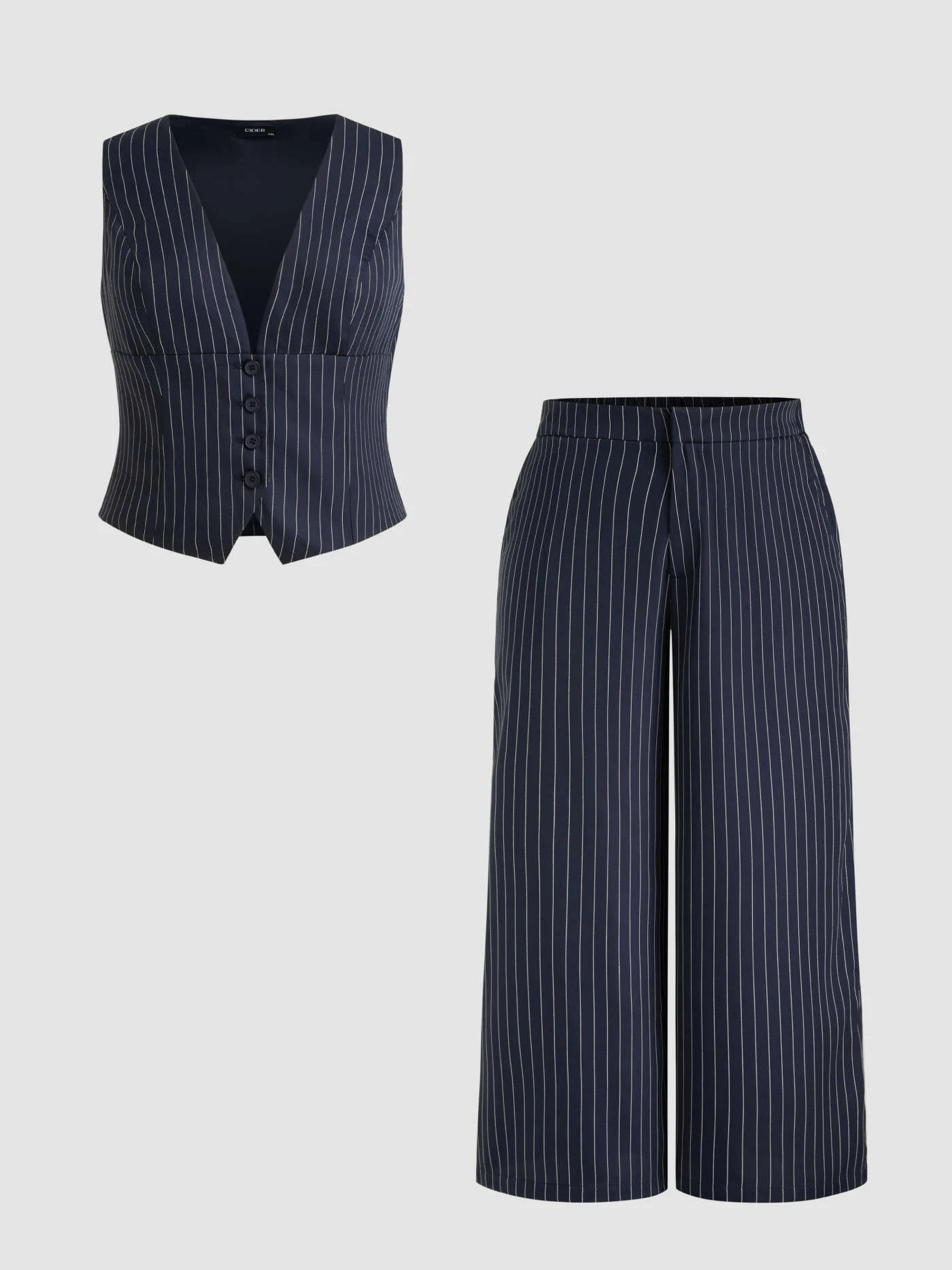 V-neck Stripe Button Tank Top & Mid Rise Pocket Straight Leg Trousers Set Curve & Plus | Cider